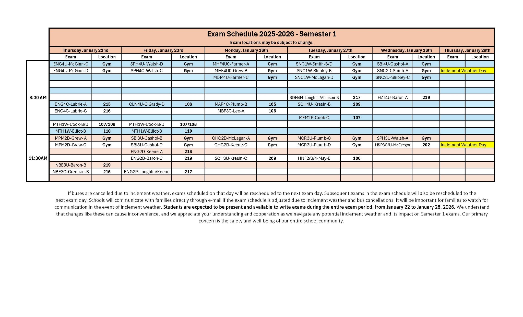 SHS Exam Schedule Jan 2026