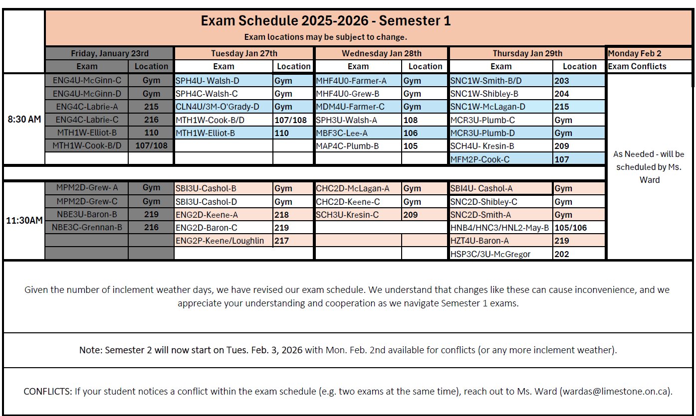 Exam Schedule Jan 26