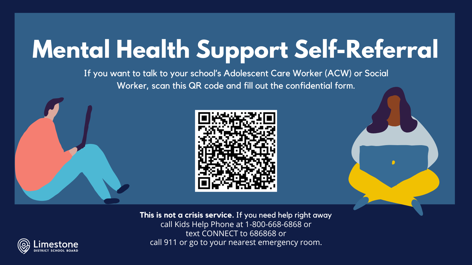 Mental Health Support Self-Referral Postcard graphic with a QR code